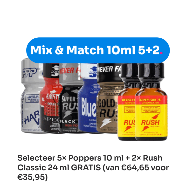 Selecteer 5× Poppers 10 ml + 2× Rush Classic 24 ml GRATIS (van €64,65 voor €35,95)